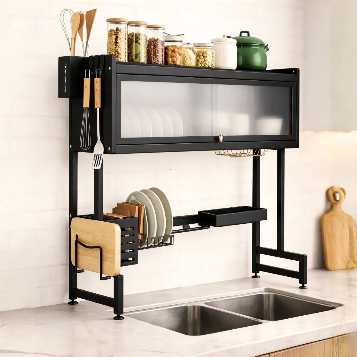 Over-Sink Dish Drying & Storage Rack with Frosted Cabinet Door | Fits Indian Sinks