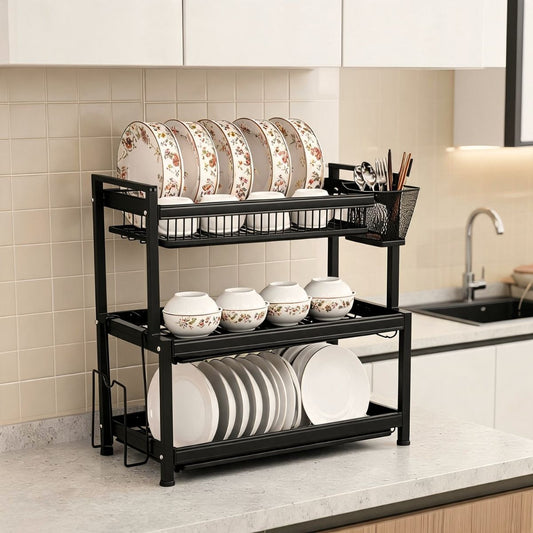 3-Tier Dish Drying Rack with 3 Removable Drip Trays & Utensil Basket | Black Powder-Coated Bartan Stand for Kitchen