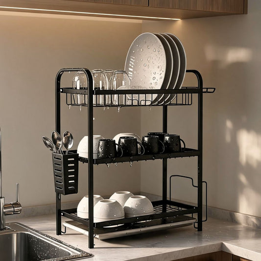 3-Tier Steel Dish Rack with Drip Tray - Black Matte | For Indian Kitchen Countertops