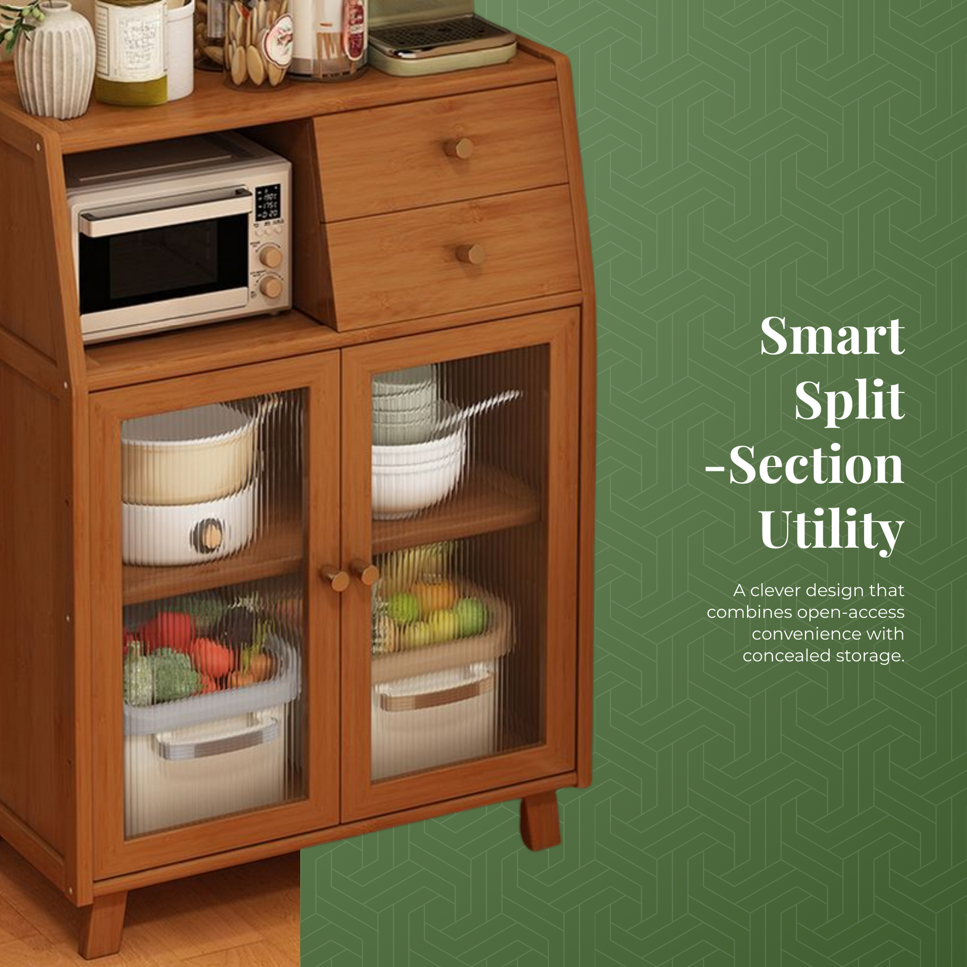 Bamboo Kitchen Sideboard with Dual Drawers & Fluted Doors