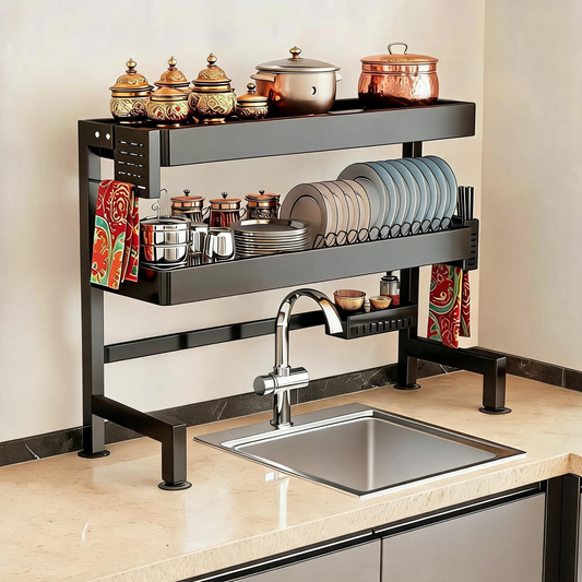 Stainless Steel Over-the-Sink Dish Rack & Bartan Stand | 65cm & 85cm | Multi-Compartment