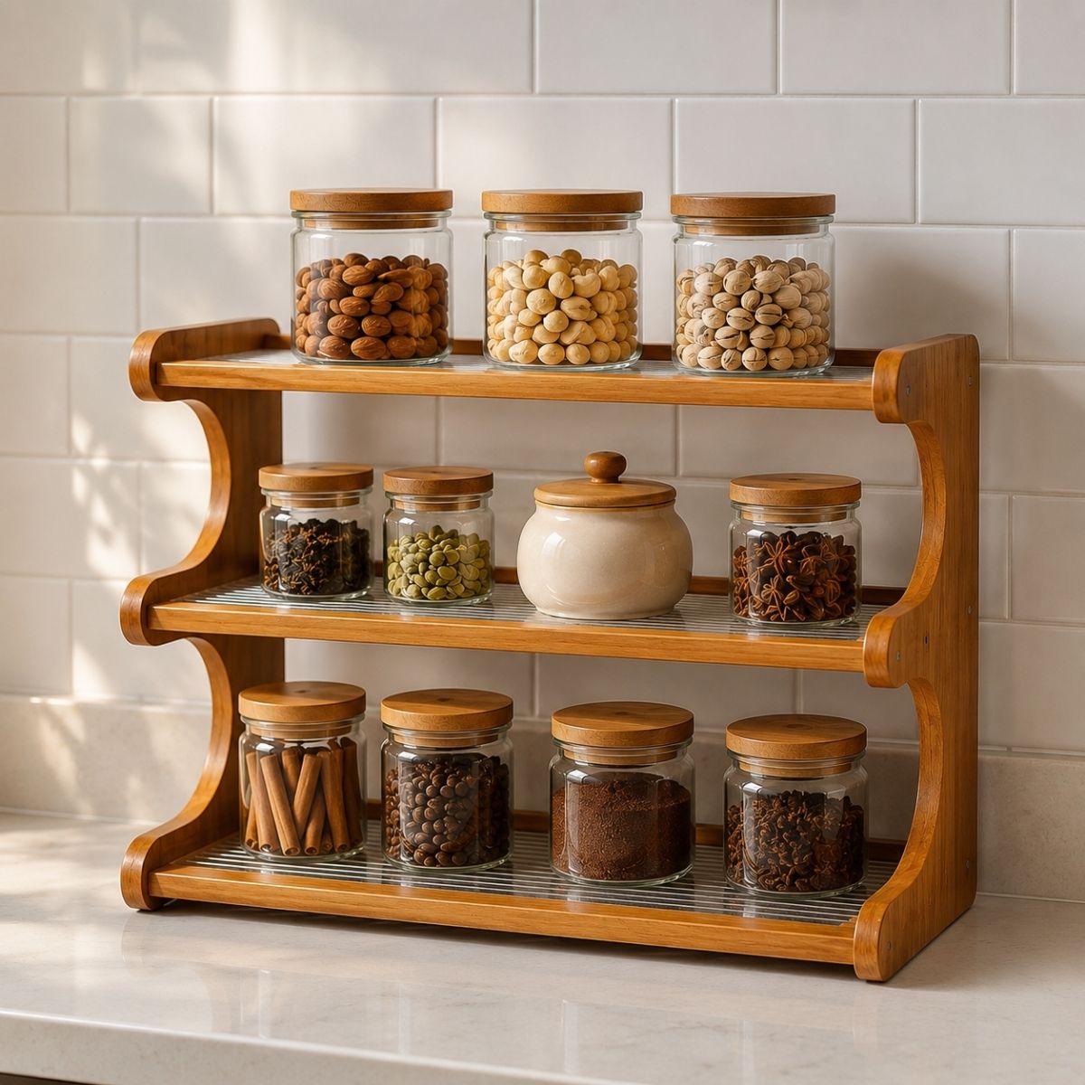 Bamboo Countertop Organiser Rack with Fibre Panels | Kitchen, Bathroom & Desk