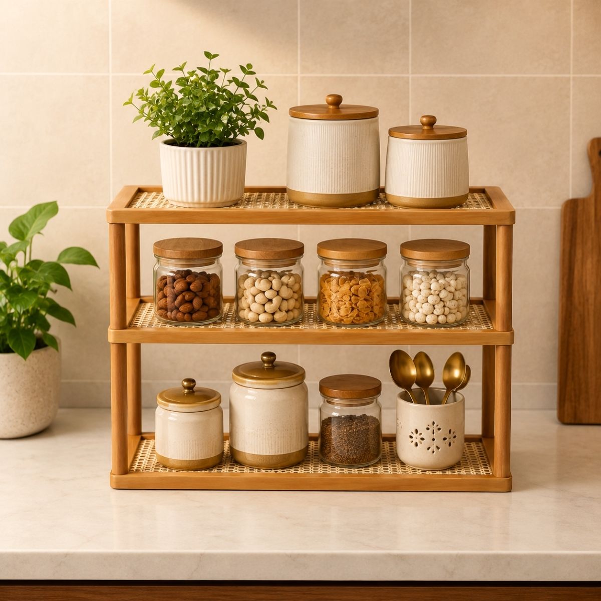 TriShelf Premium Bamboo Countertop Organizer Rack