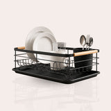 Black Steel Dish Drying Rack with Bamboo Handle