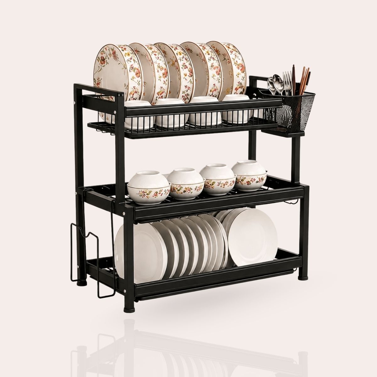 3-Tier Dish Drying Rack with 3 Removable Drip Trays & Utensil Basket | Black Powder-Coated Bartan Stand for Kitchen