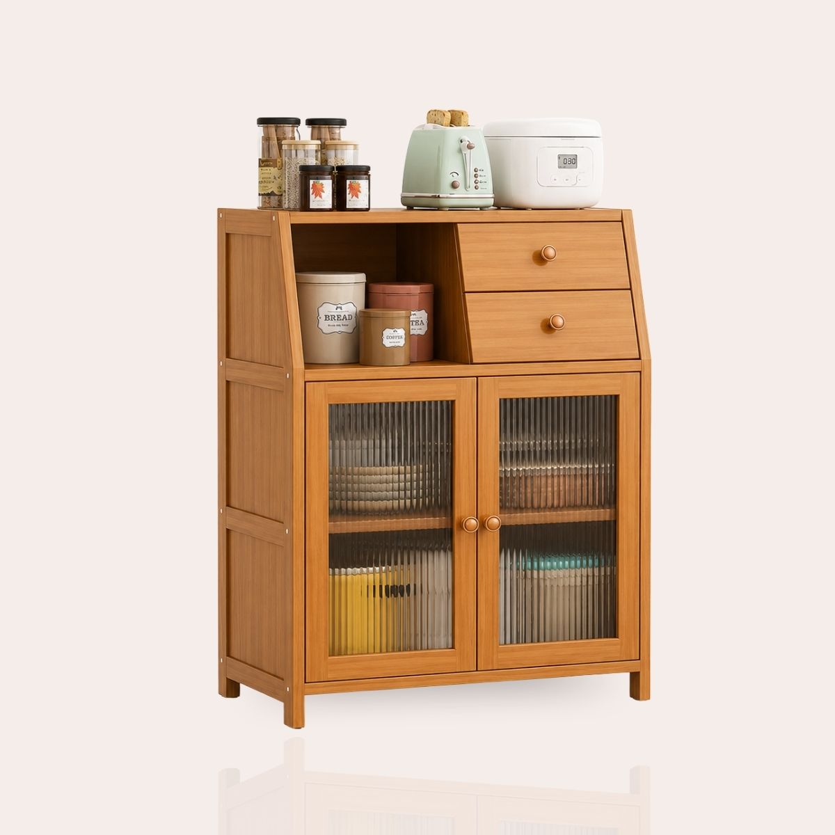 Bamboo Kitchen Sideboard & Floor Cabinet | Dual Drawers + Appliance Station | Fluted Glass-Style Doors