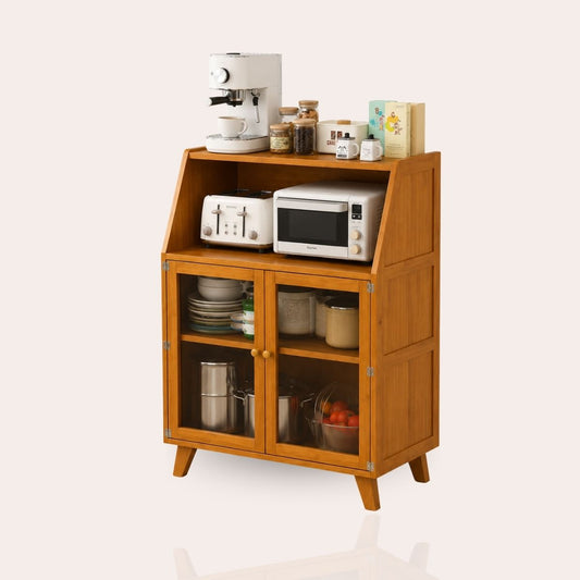 Bamboo Living Room Display Cabinet with Fluted Glass Doors | 94cm Tall | India