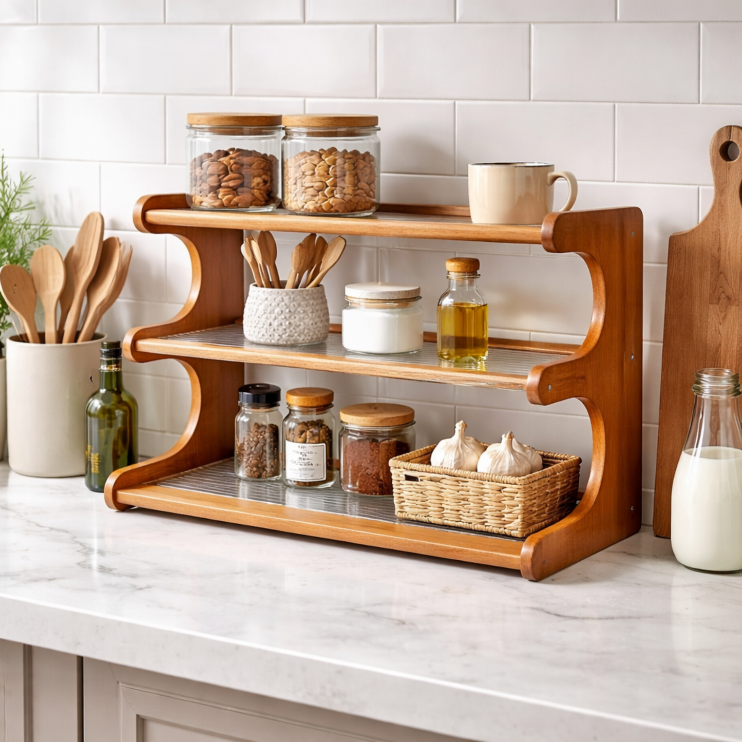Bamboo Countertop Organiser Rack with Fibre Panels 3-Tier – SimplifiNest India Kitchen Storage