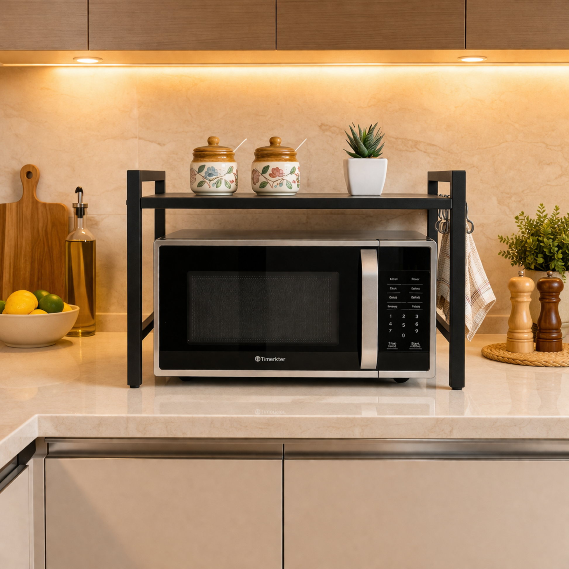 Premium Metal Microwave Stand with Hooks – Kitchen Appliance Organizer India – SimplifiNest