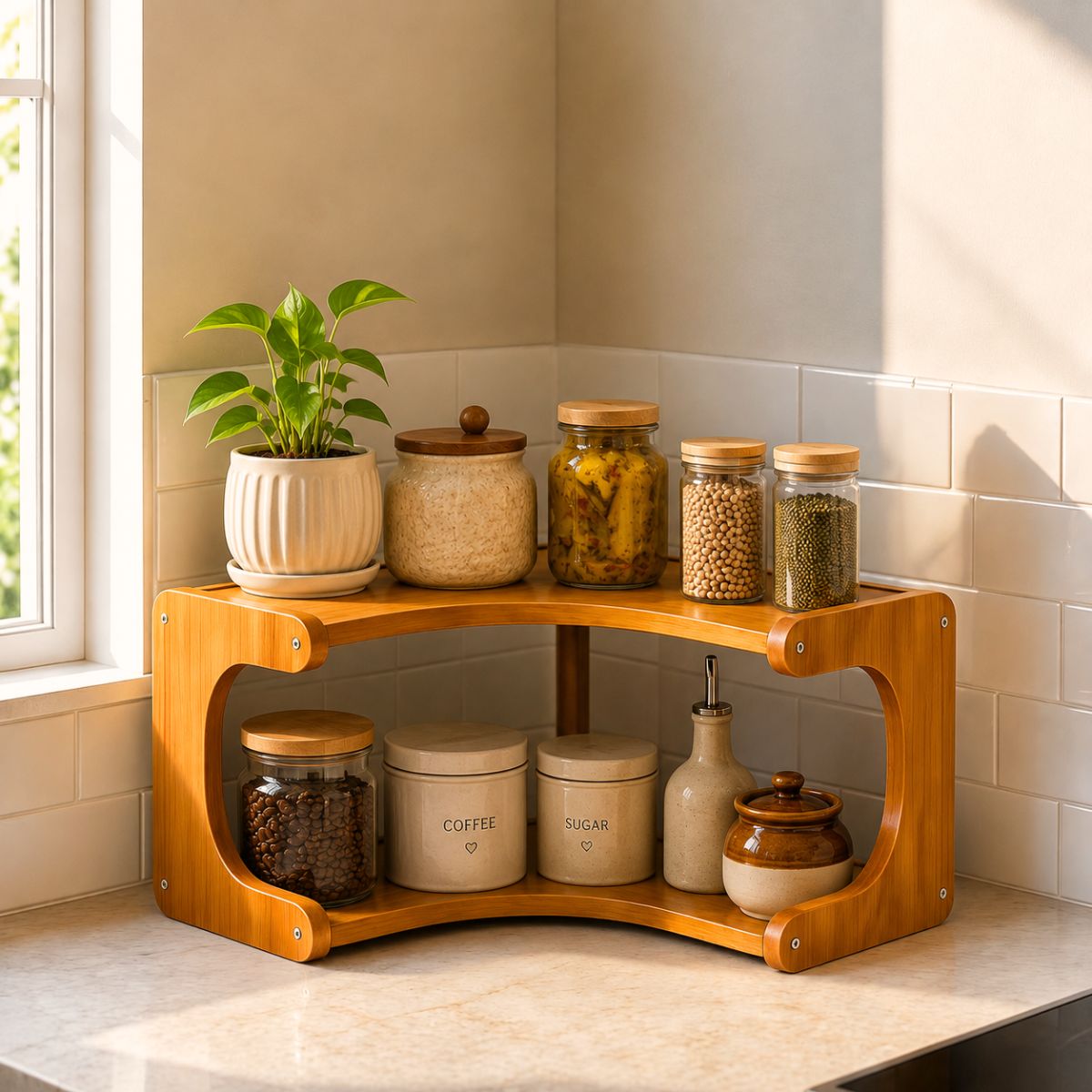 Bamboo 3-Tier & 2-Tier Corner Kitchen Rack | L-Shape Multi-Tier Organizer for Indian Kitchens