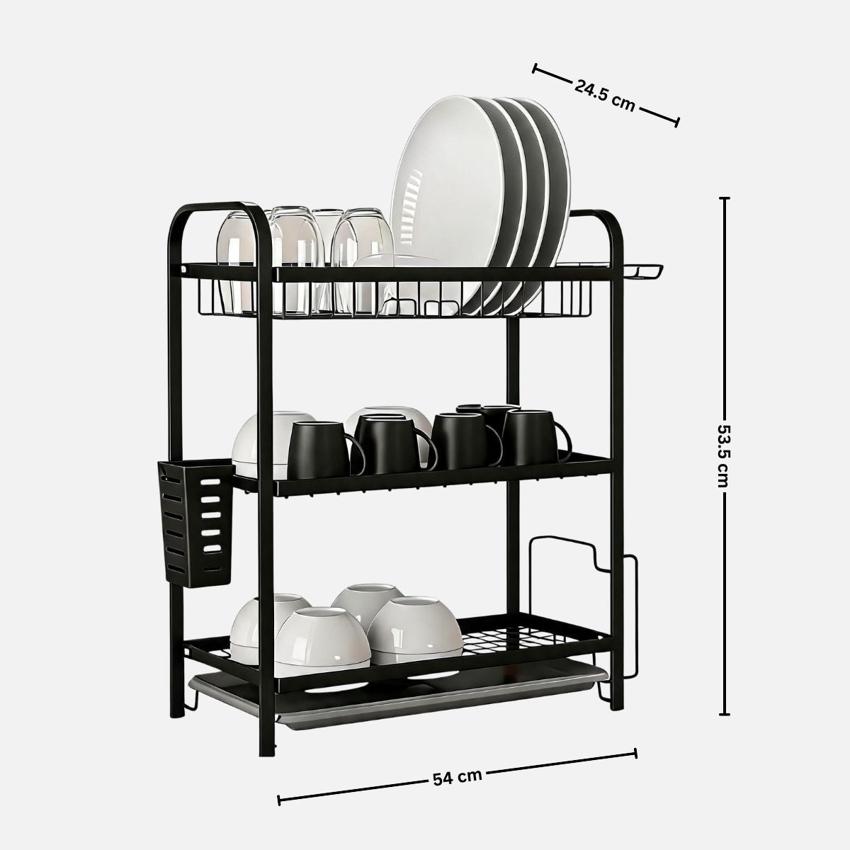 3-Tier Steel Dish Rack with Drip Tray - Black Matte | For Indian Kitchen Countertops