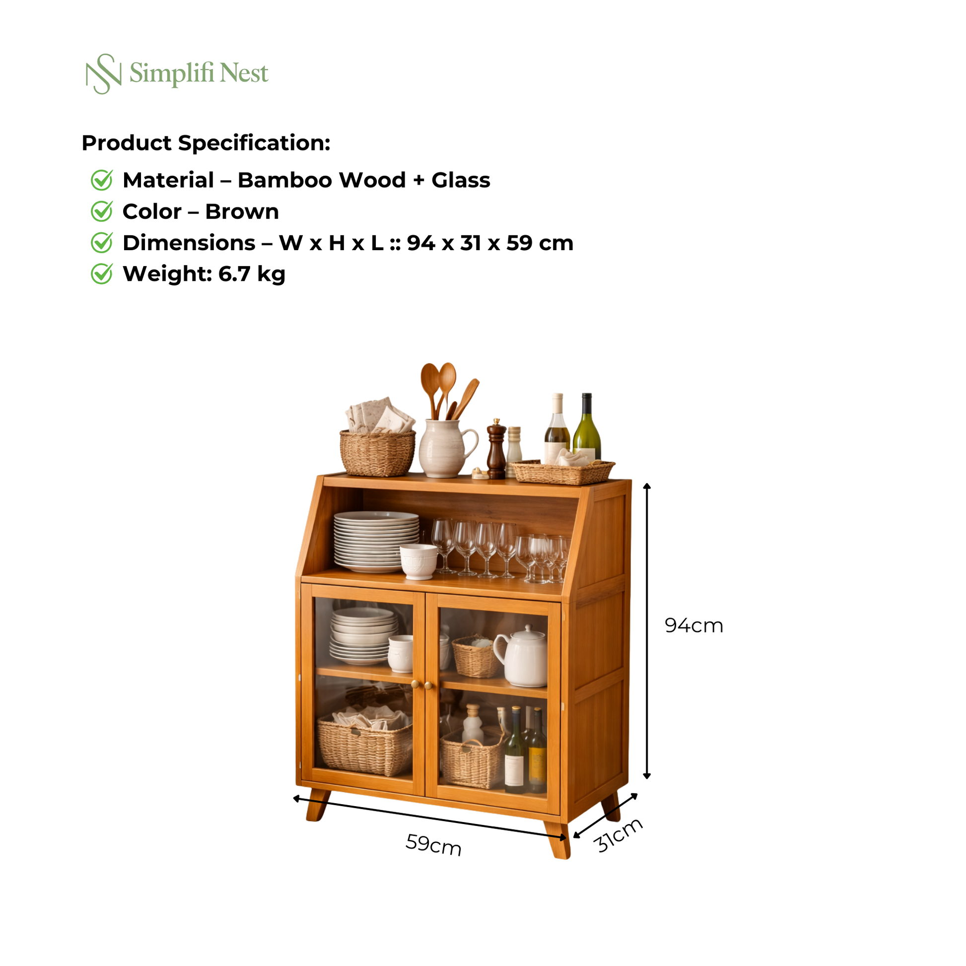 SimplifiNest Bamboo Cabinet Fluted Glass Style Doors India – Living Room Display Storage 4-Tier Natural