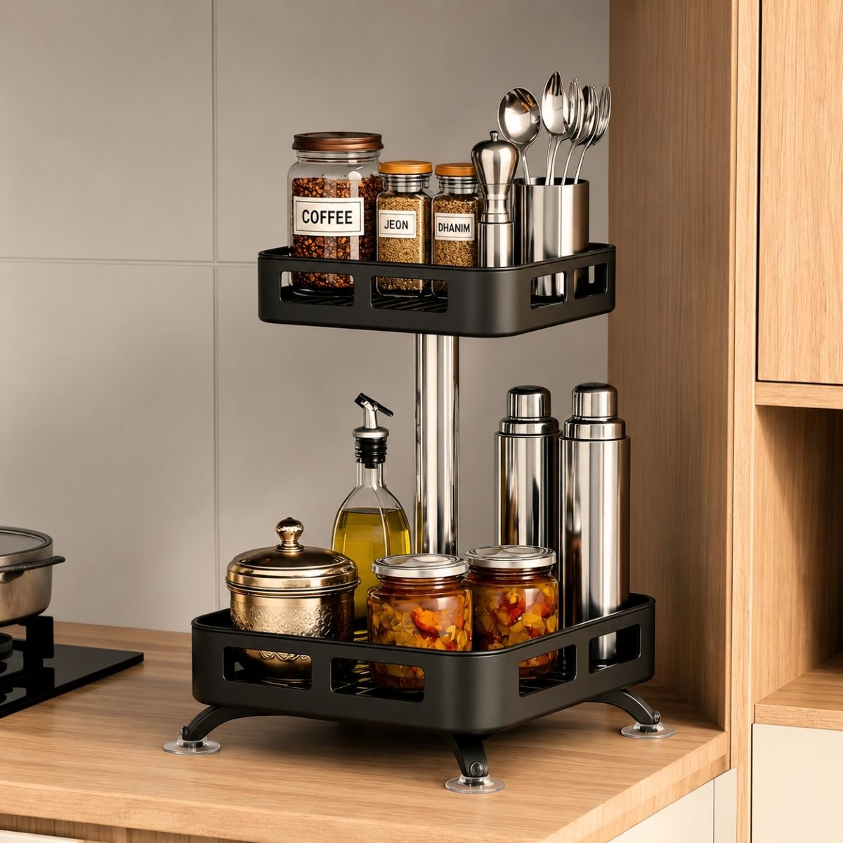 2-Tier Rectangular 360° Rotating Kitchen Rack | Stainless Steel | Spices, Jars & Masala Organizer