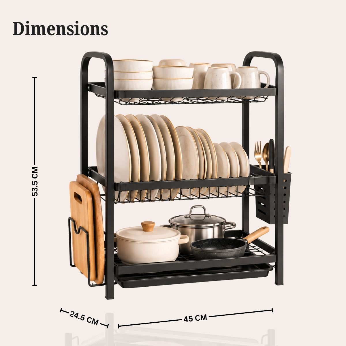 3-Tier Steel Dish Rack with Drip Tray - Black Matte | For Indian Kitchen Countertops