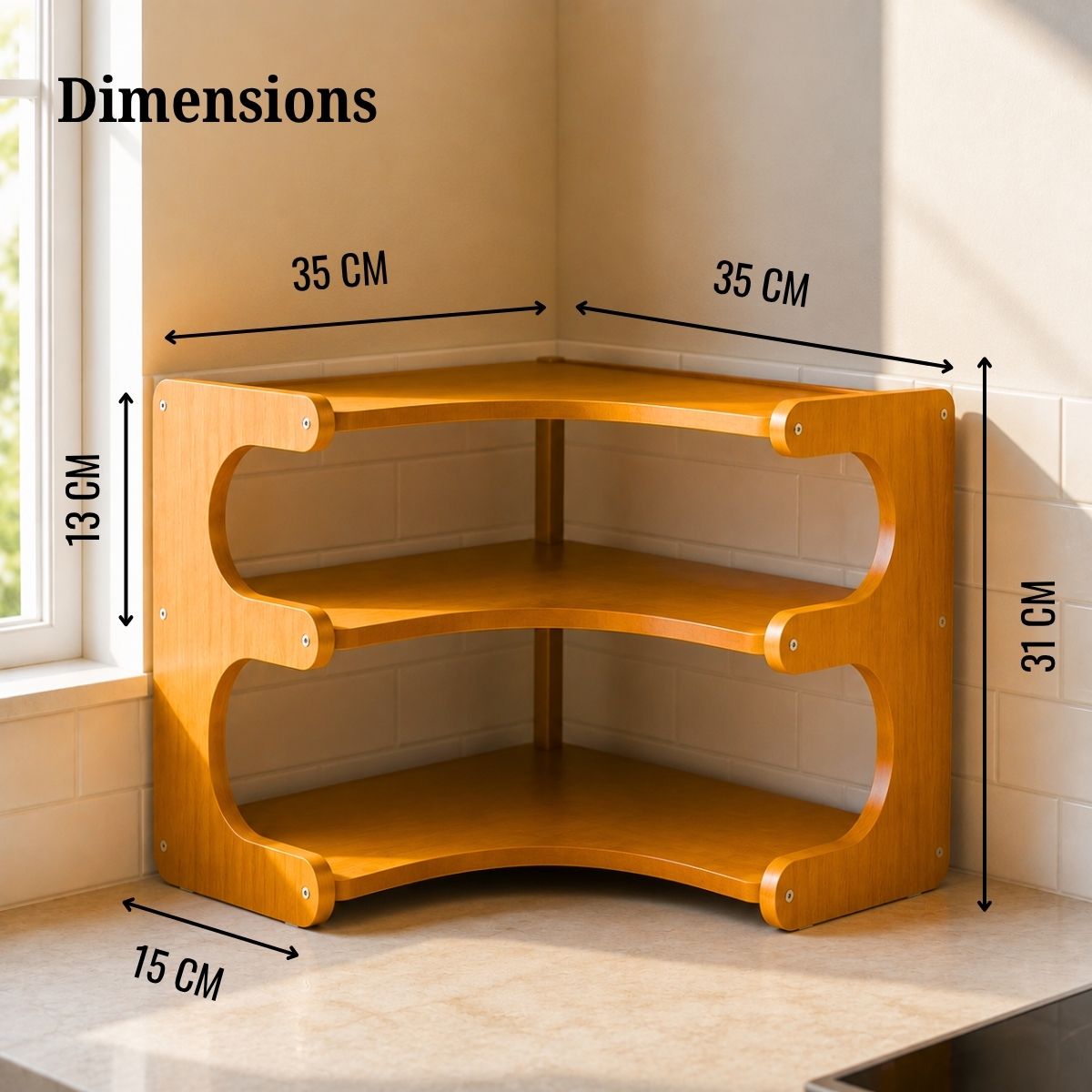 Dimensions of Bamboo L-shape corner kitchen rack, 3-tier