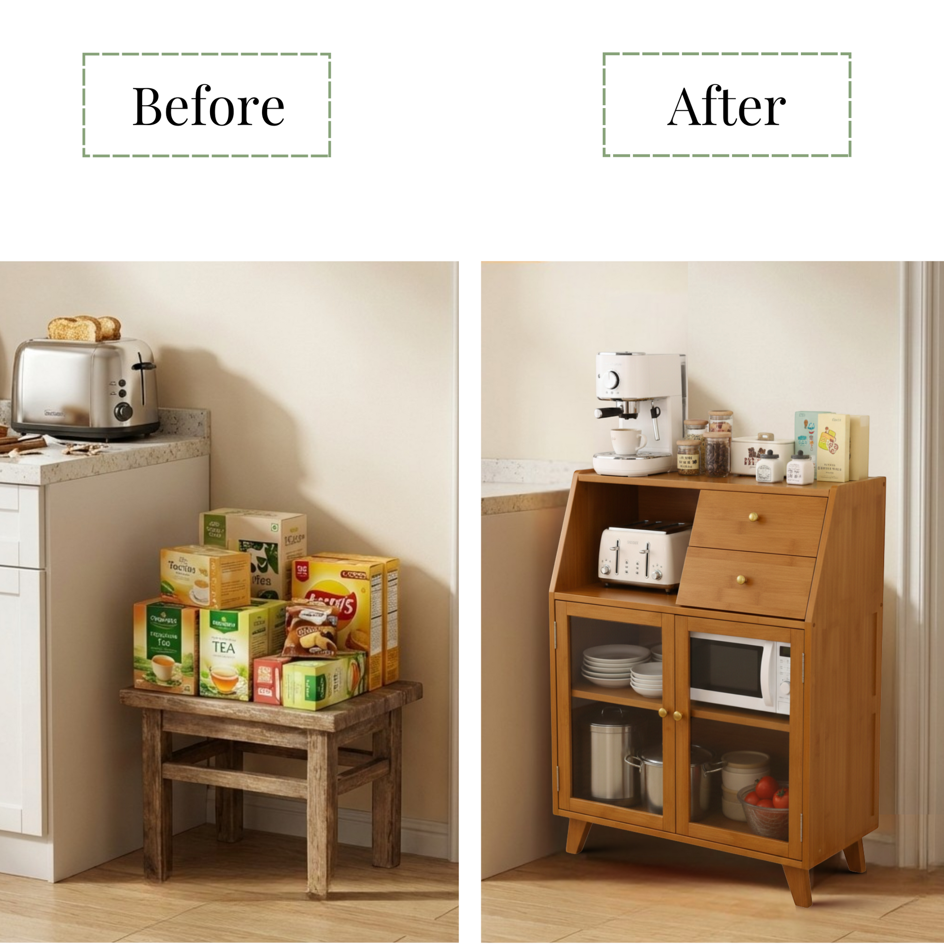 Bamboo Kitchen Sideboard with Dual Drawers & Fluted Doors
