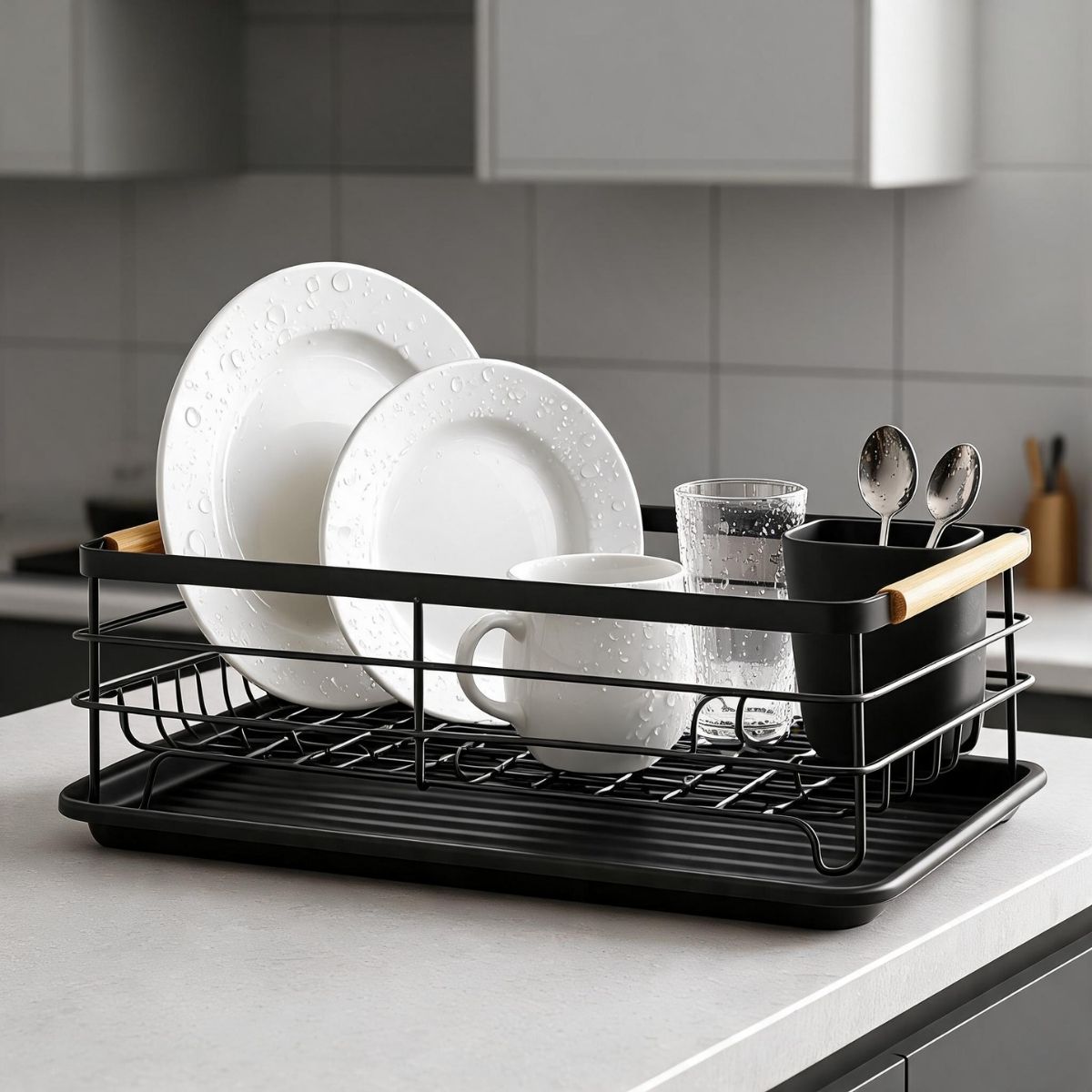 Black Steel Dish Drying Rack with Bamboo Handle