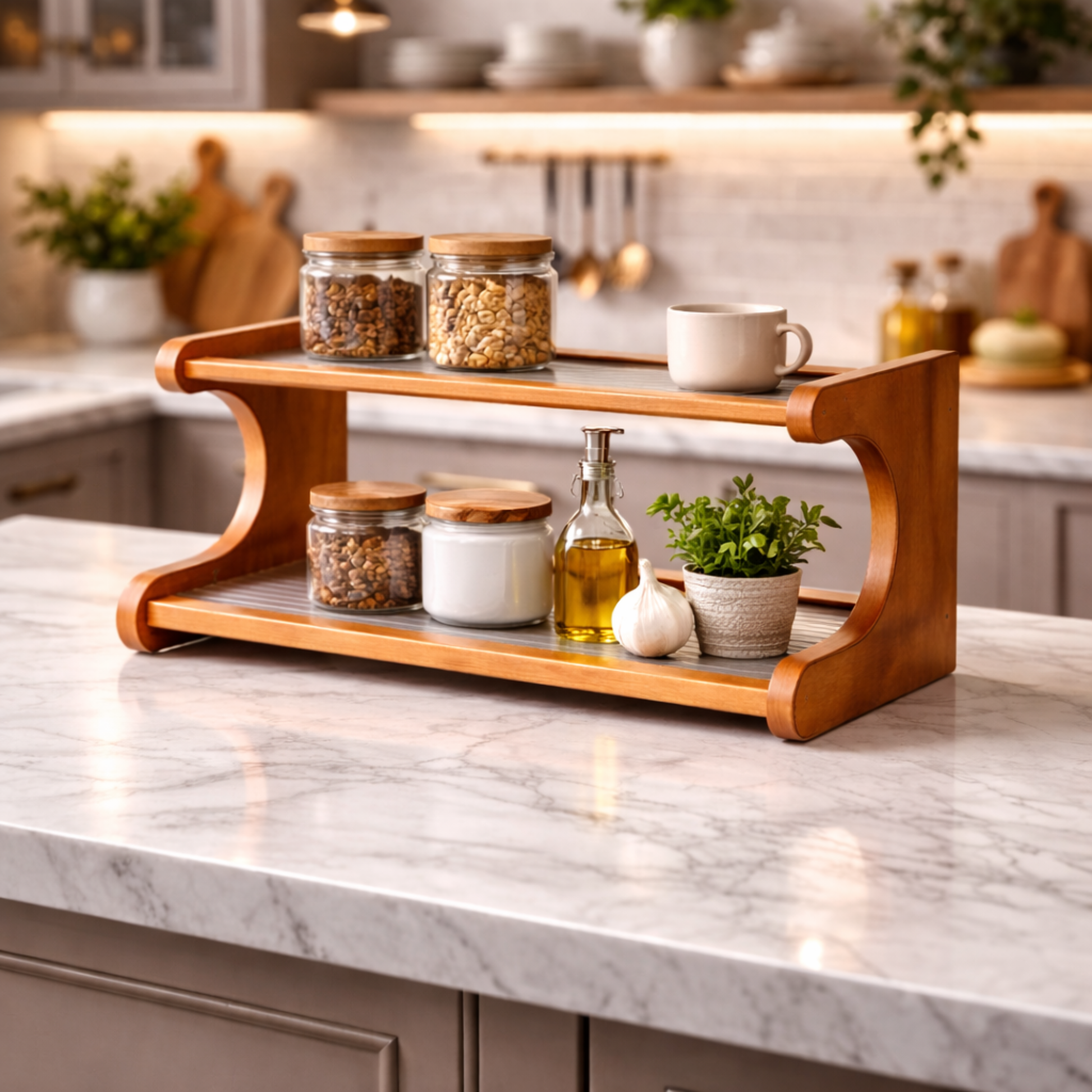 Bamboo Countertop Organiser Rack with Fibre Panels 2-Tier – SimplifiNest India Kitchen Storage
