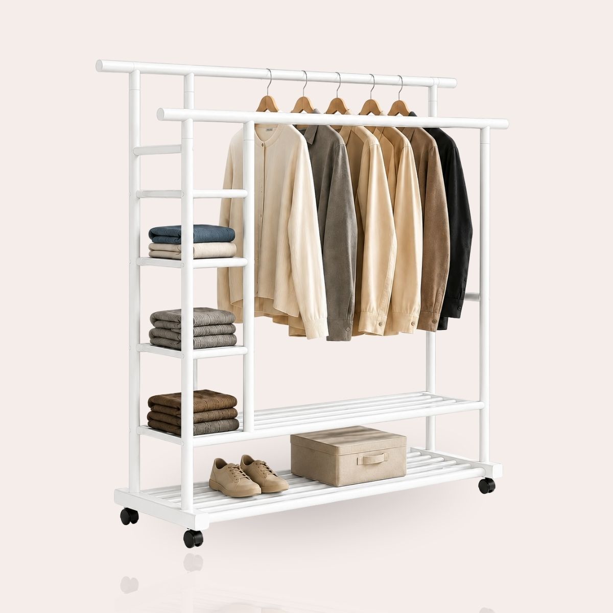 Premium Heavy Duty Double Clothing Rack with Storage Sections