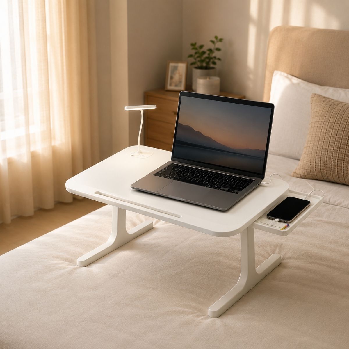 Portable Laptop Bed Station with LED Lamp & Charging