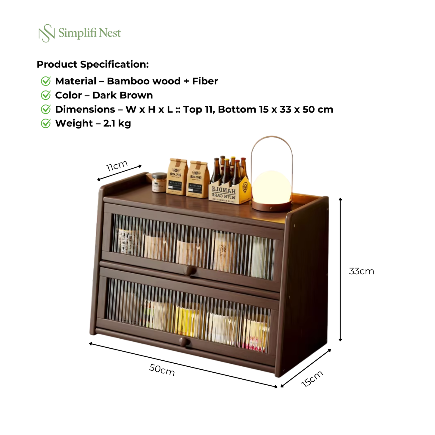 Bamboo Countertop Cabinet Dimensions 50x33cm Tapered – Fits Under Kitchen Wall Cabinet SimplifiNest