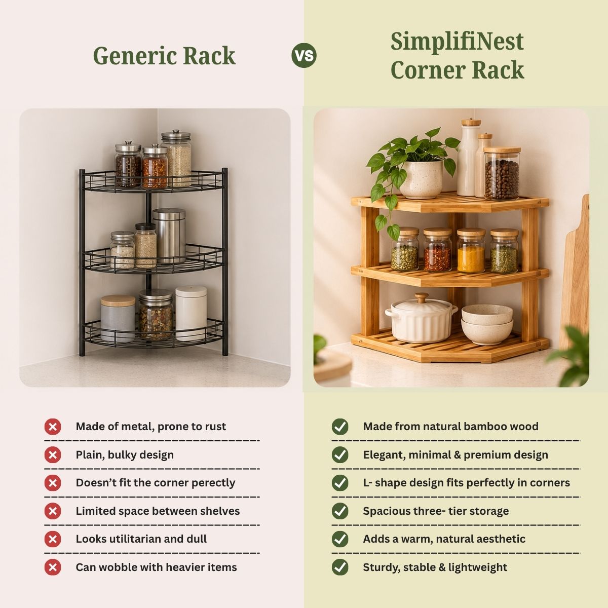 Bamboo 3-Tier Corner Rack (L-Shape) | Countertop Spice & Masala Dabba Organizer