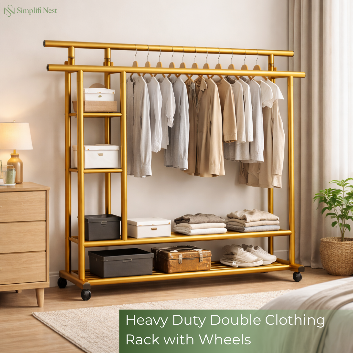 Premium Heavy Duty Double Clothing Rack with Storage Sections