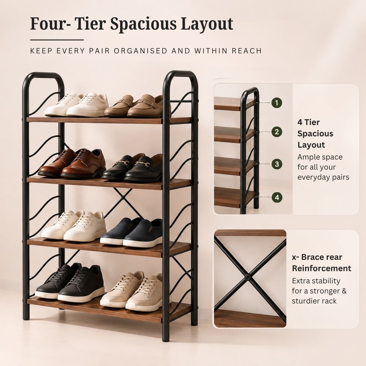 4-Tier Shoe Rack with Open Shelves | Wood & Metal Storage Organizer