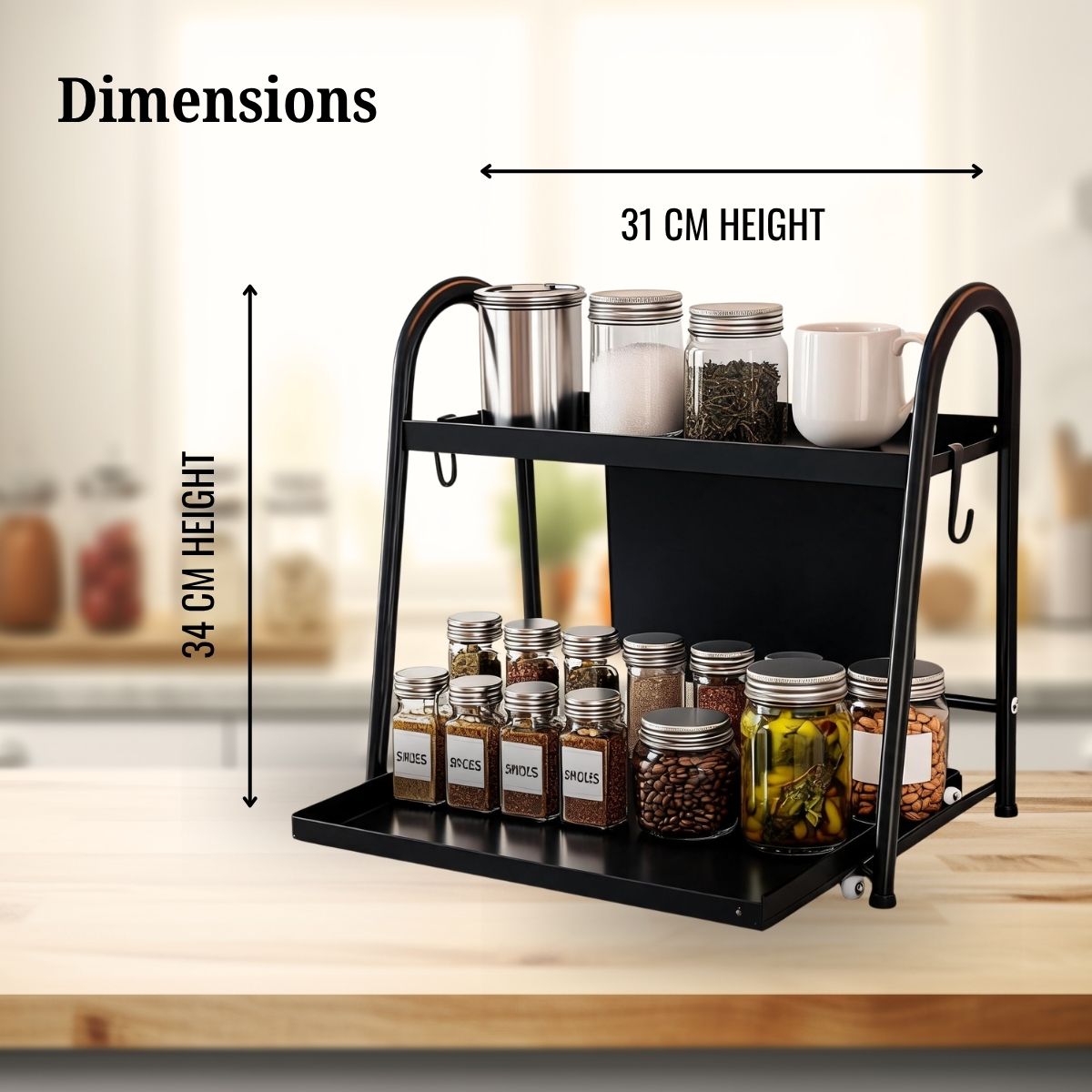 2-Tier Sliding Pull-Out Kitchen Storage Rack | Stainless Steel | Spices, Jars & Masala Organizer