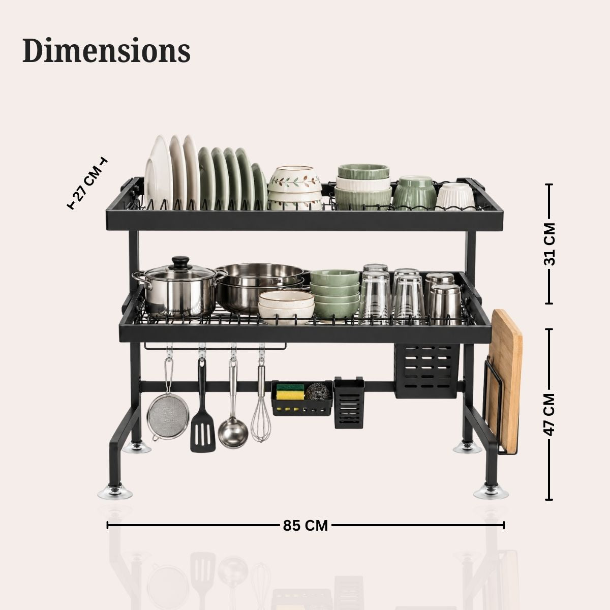 Stainless Steel Over-the-Sink Dish Rack & Bartan Stand | 65cm & 85cm | Multi-Compartment