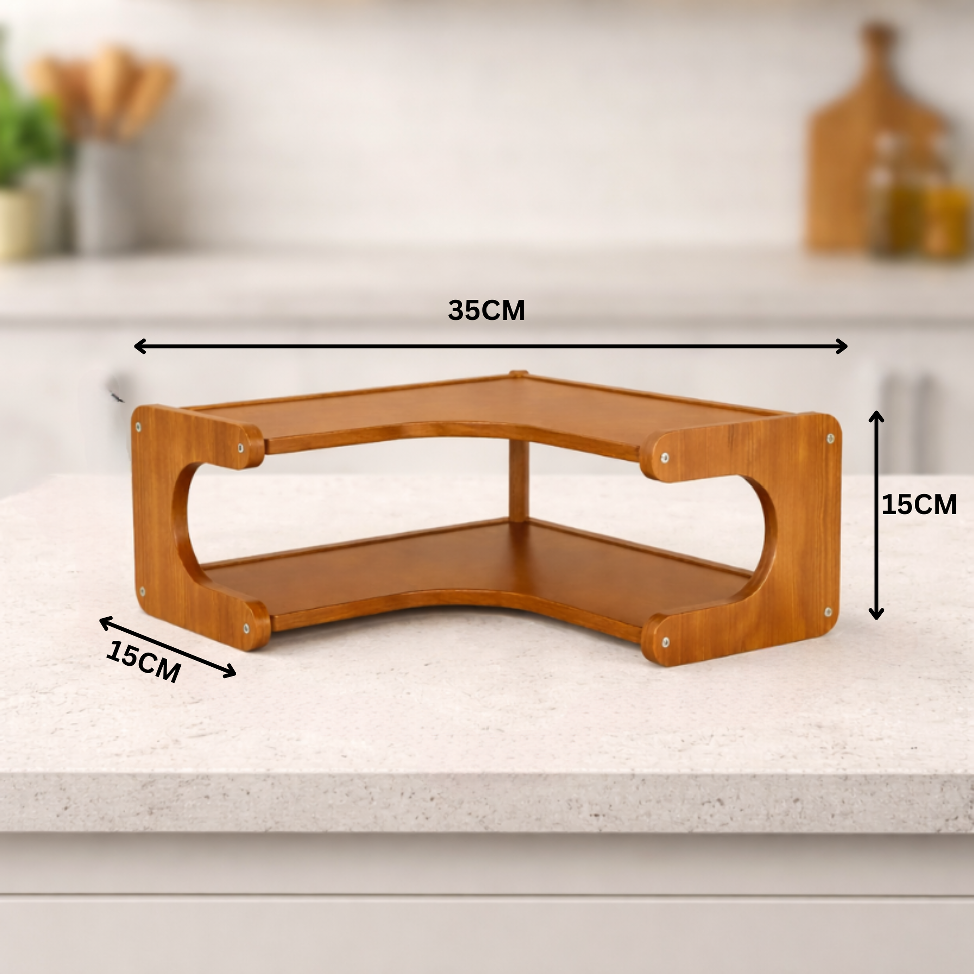 Bamboo Corner Rack Dimensions 35x35x15cm – Fits Standard Indian Kitchen Countertop Corner"