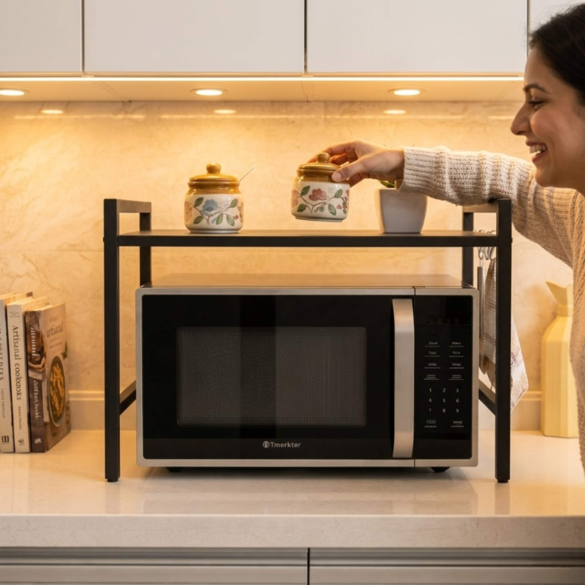 Metal OTG Microwave Rack Hooks Close-Up – Powder Coated Kitchen Stand – SimplifiNest India
