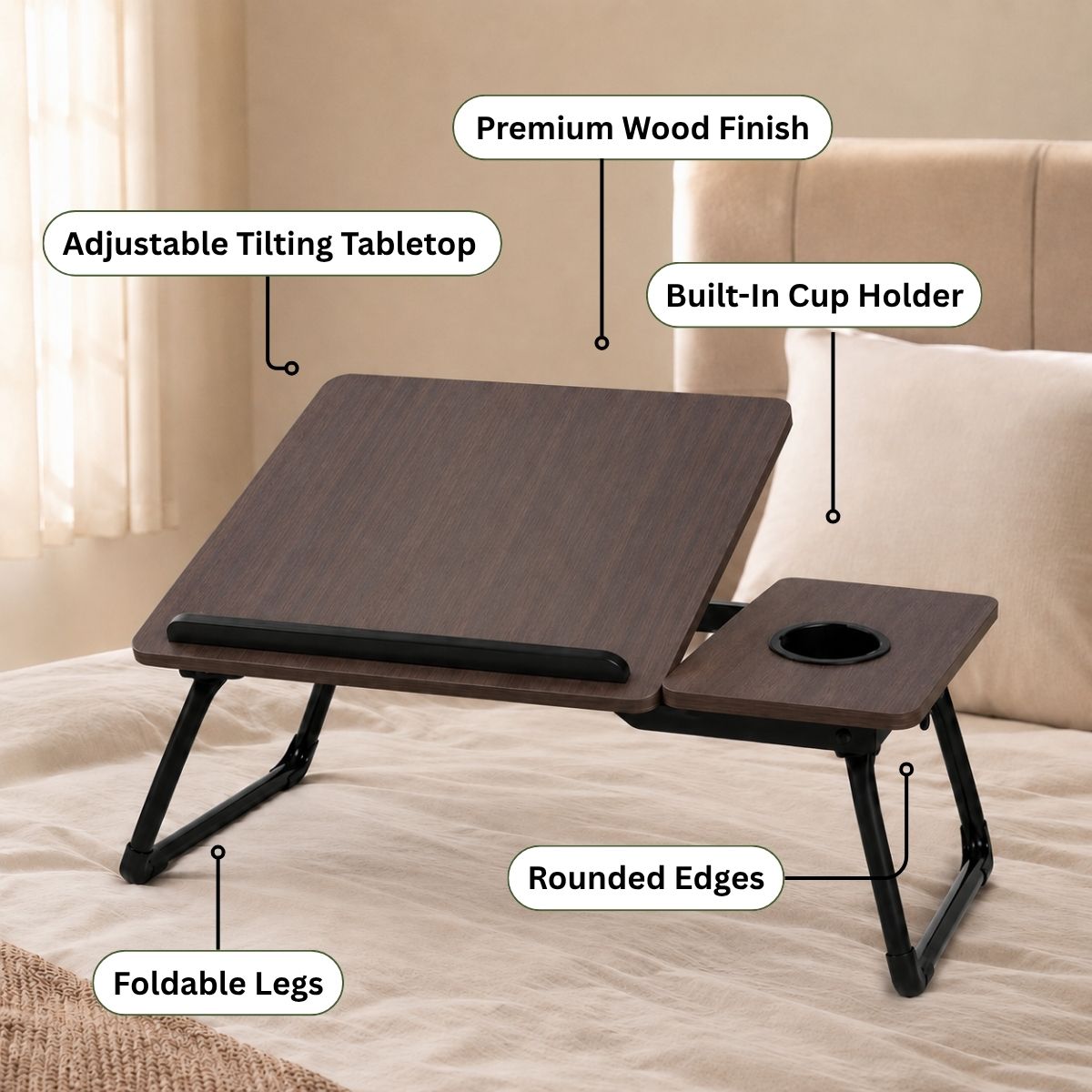 Foldable Bed Desk for Laptop & Kids Study – with Cup Holder & Tilting Tray