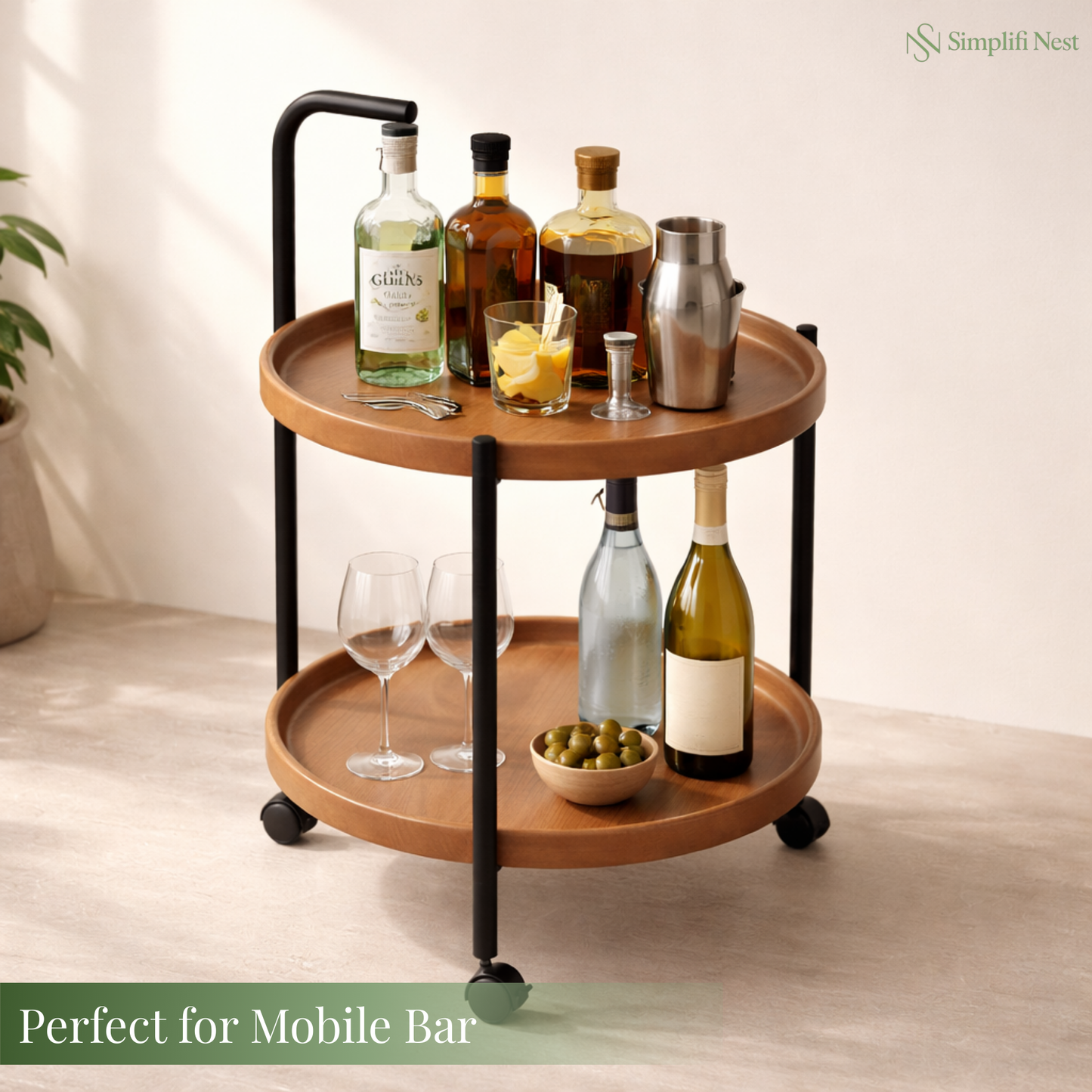 Premium 2-Tier Round Mobile Serving Trolley