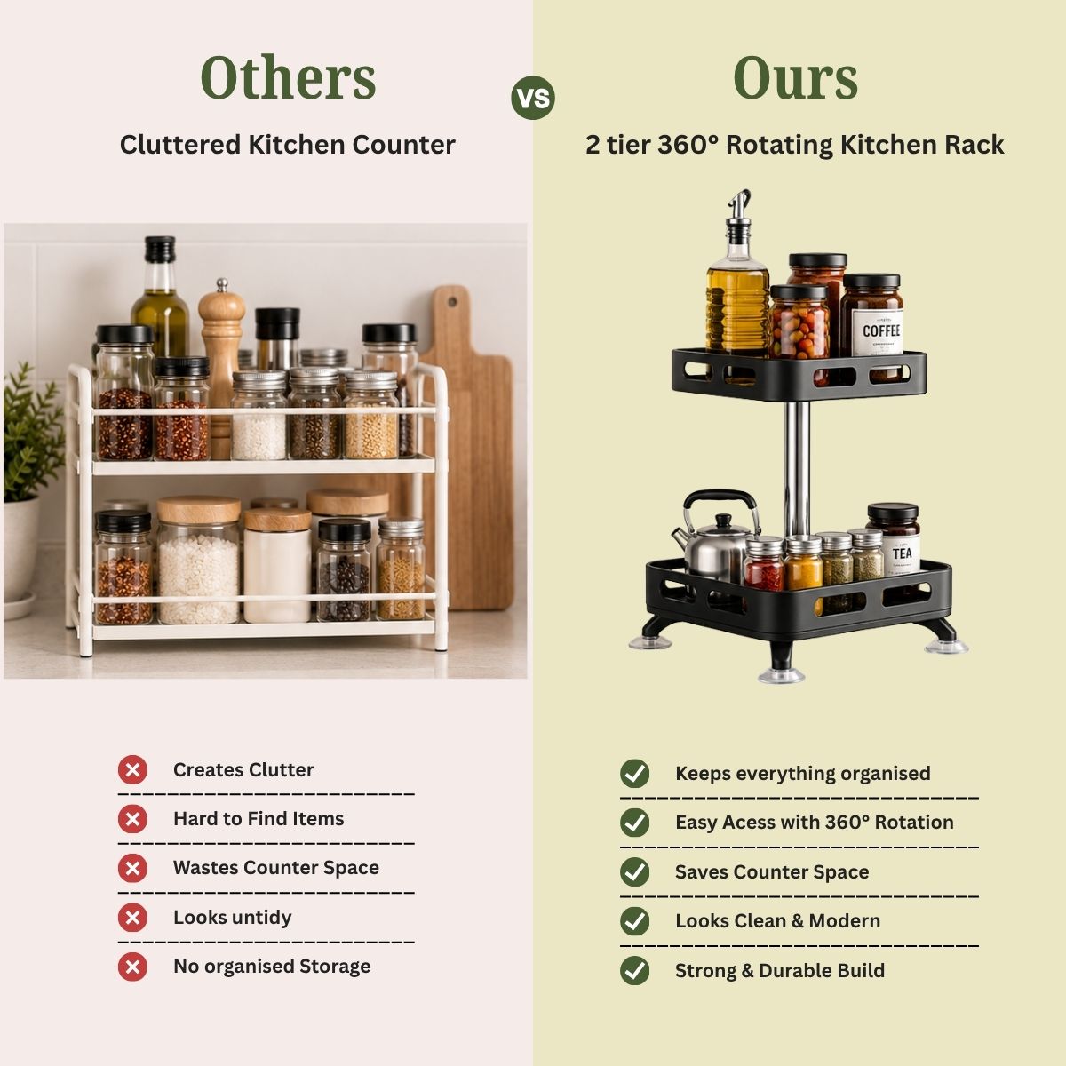 2-Tier Rectangular 360° Rotating Kitchen Rack | Stainless Steel | Spices, Jars & Masala Organizer