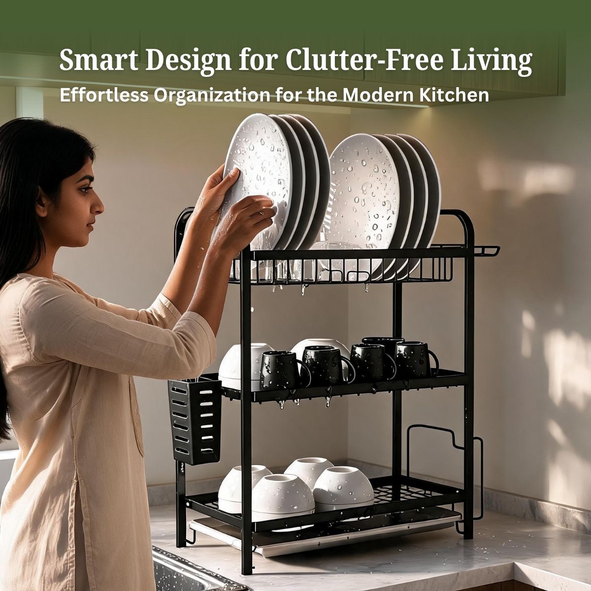 3-Tier Steel Dish Rack with Drip Tray - Black Matte | For Indian Kitchen Countertops