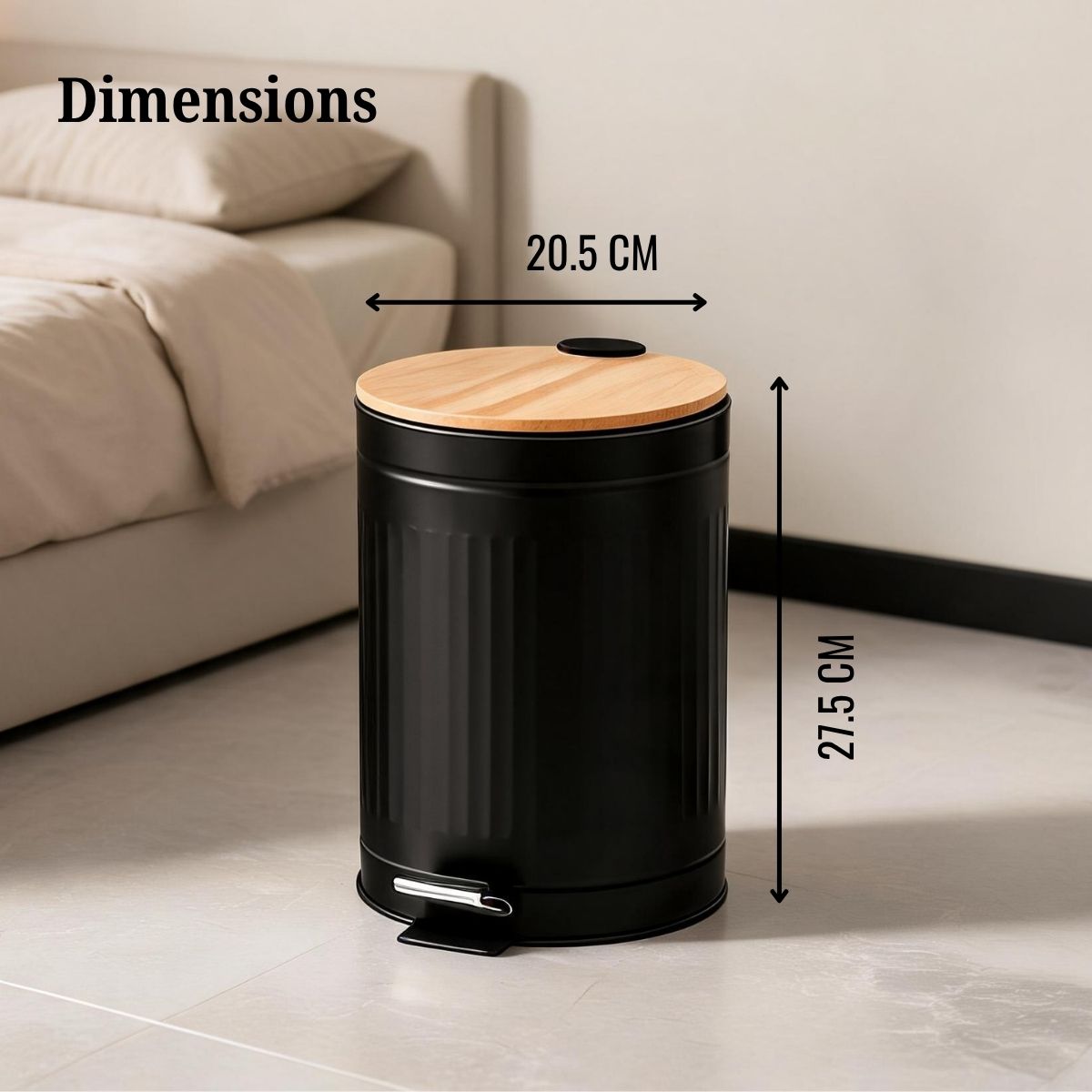 Metal Dustbin with Foot Pedal & Removable Bucket | Rust-Free Steel & Bamboo | 5L
