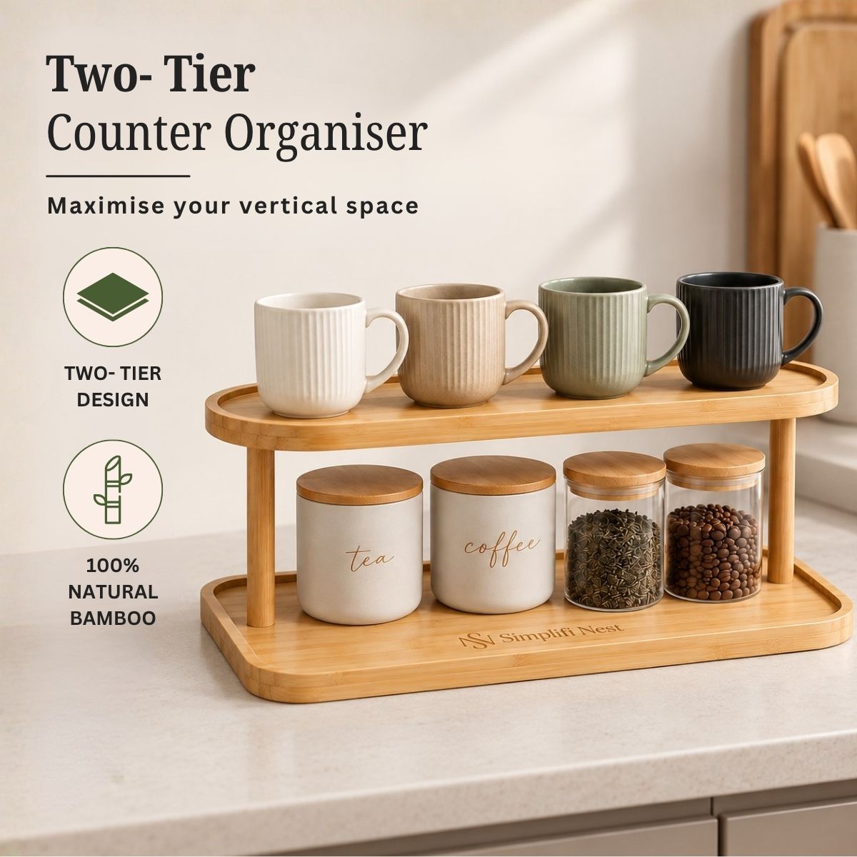 Bamboo Oval 2-Tier Kitchen Counter Organizer Rack