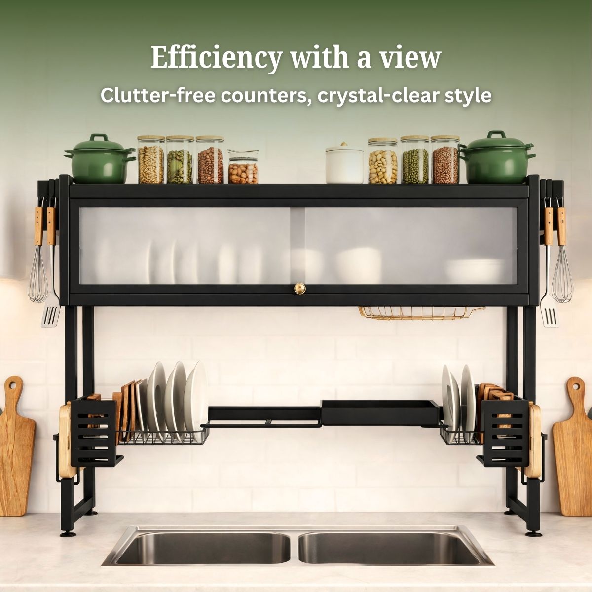 Over-Sink Dish Drying & Storage Rack with Frosted Cabinet Door | Fits Indian Sinks