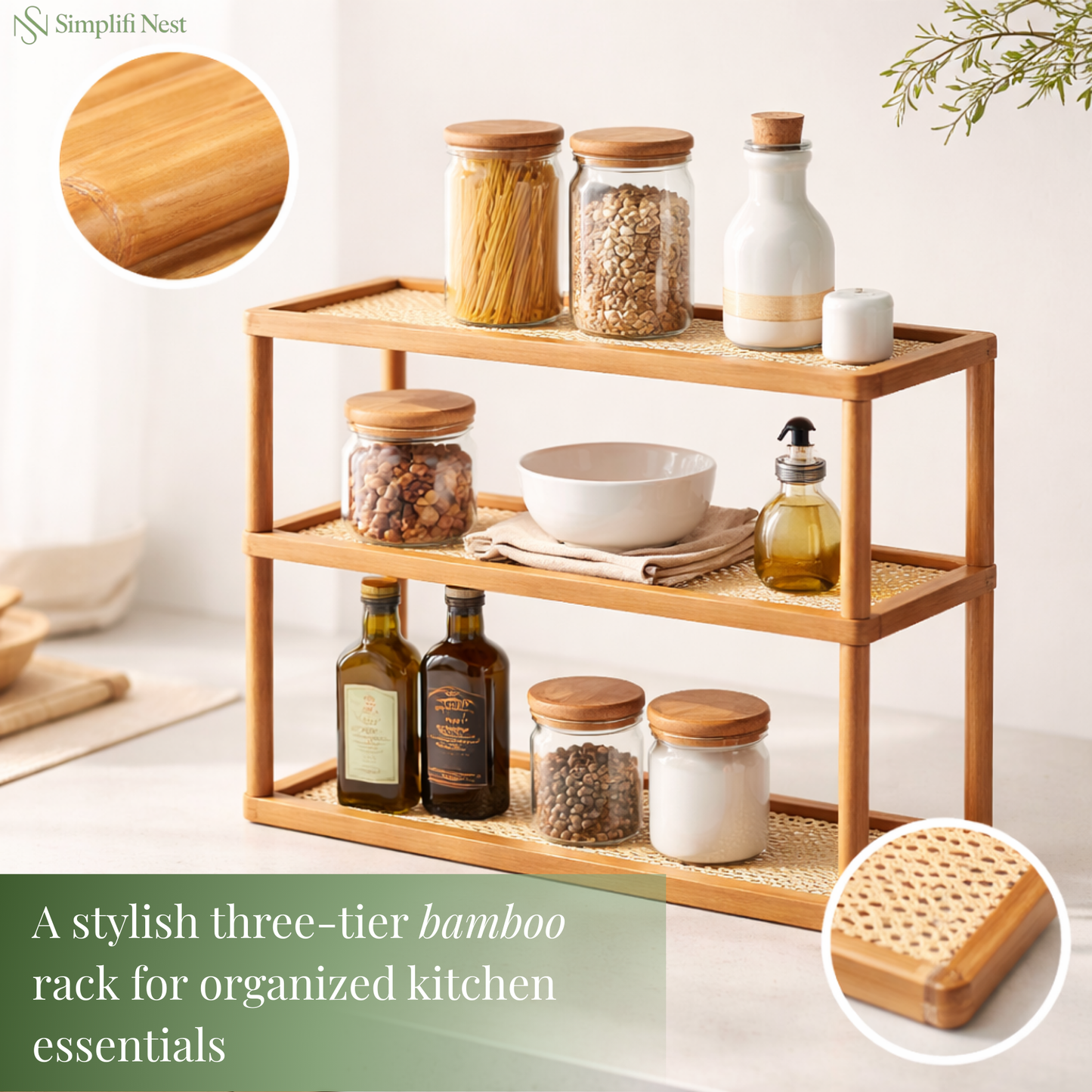 TriShelf Premium Bamboo Countertop Organizer Rack