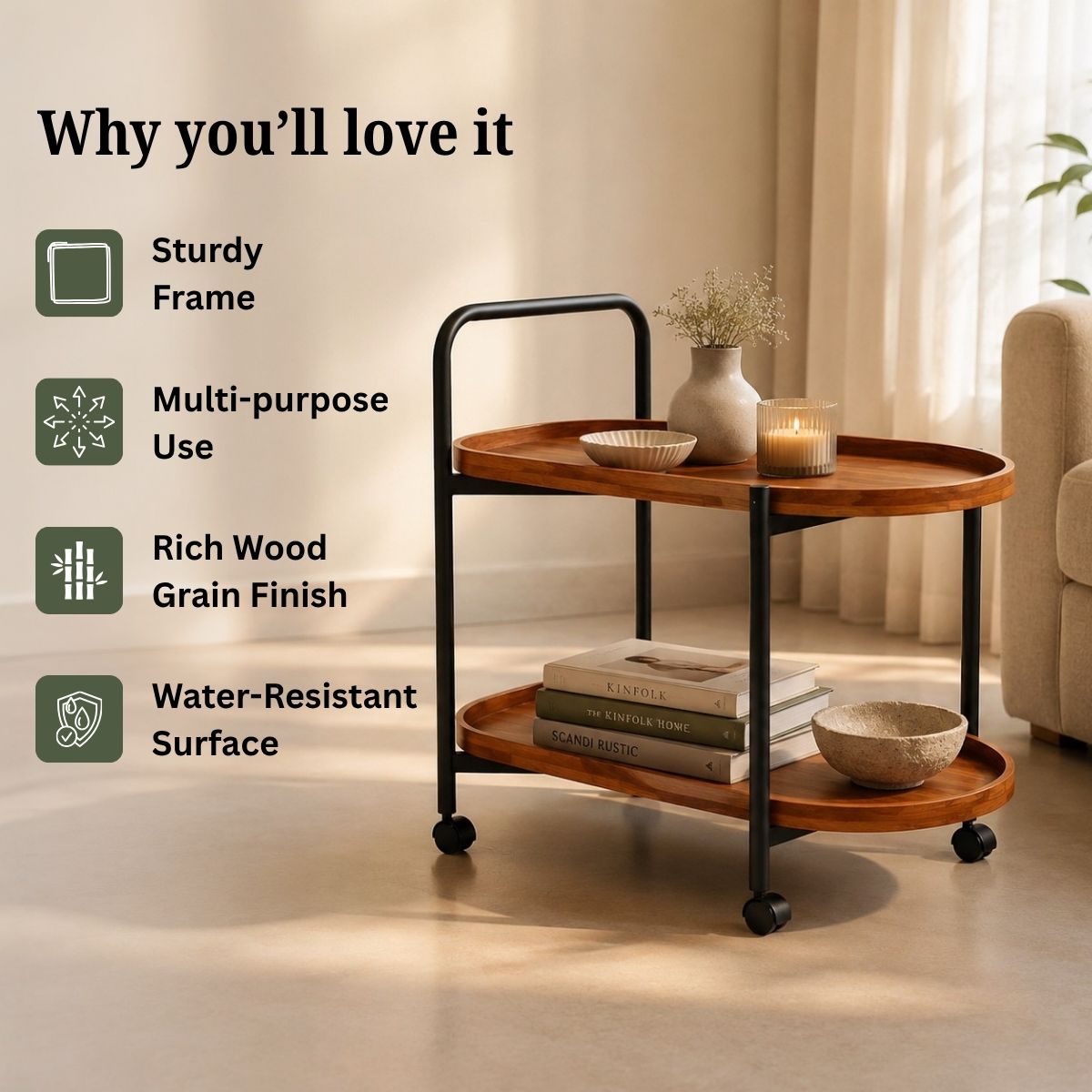 Classic 2-Tier Wood Serving Trolley