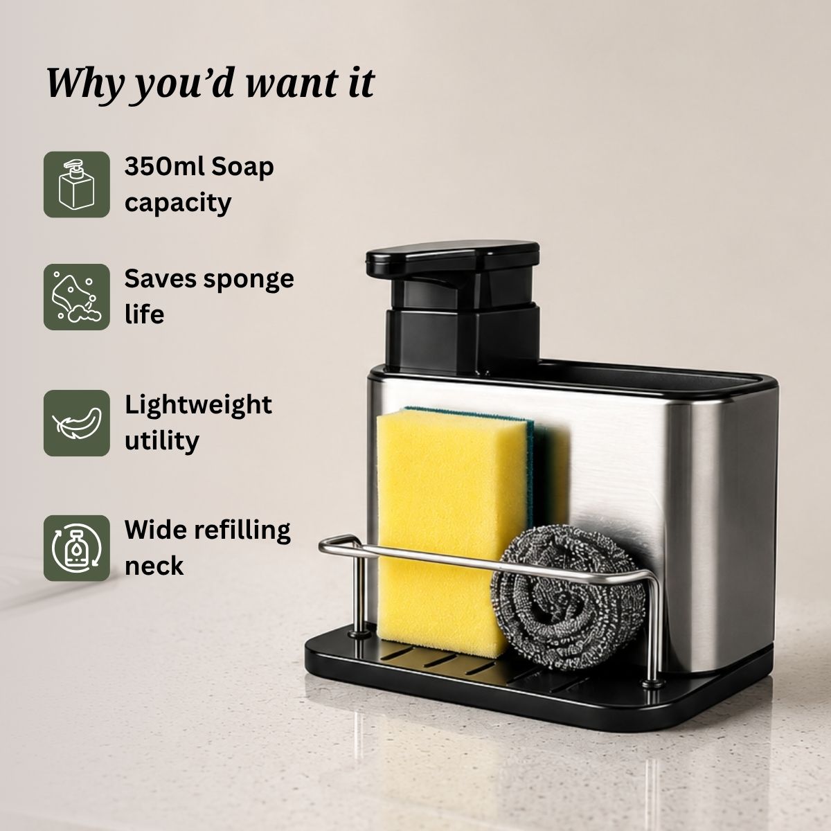 Dish Soap Dispenser with Sponge Holder & Tray