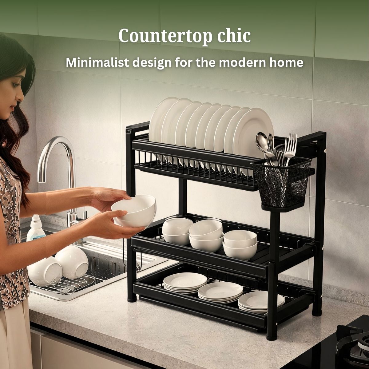 3-Tier Dish Drying Rack with 3 Removable Drip Trays & Utensil Basket | Black Powder-Coated Bartan Stand for Kitchen