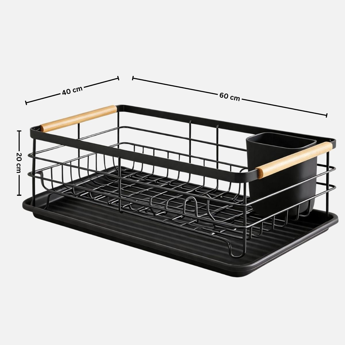 Black Steel Dish Drying Rack with Bamboo Handle