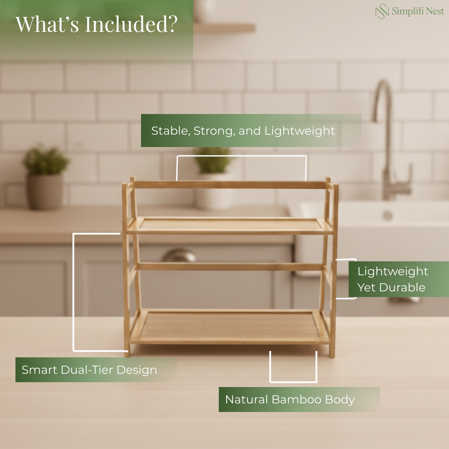 2-Tier Bamboo Countertop Rack — Kitchen, Bathroom & Desk Organizer