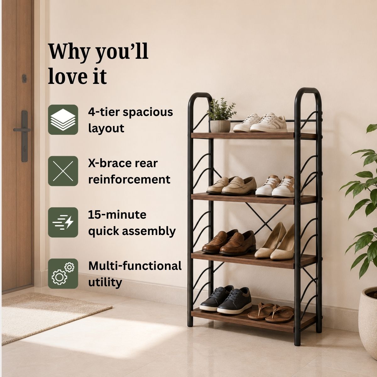 4-Tier Shoe Rack with Open Shelves | Wood & Metal Storage Organizer