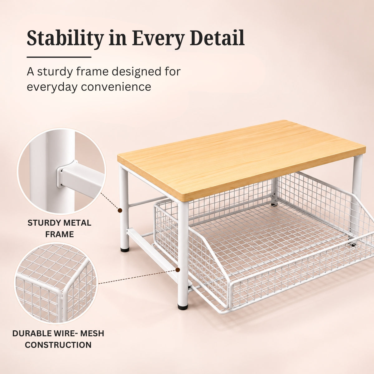 Premium Pine Wood Countertop Storage Organizer with Sliding Basket