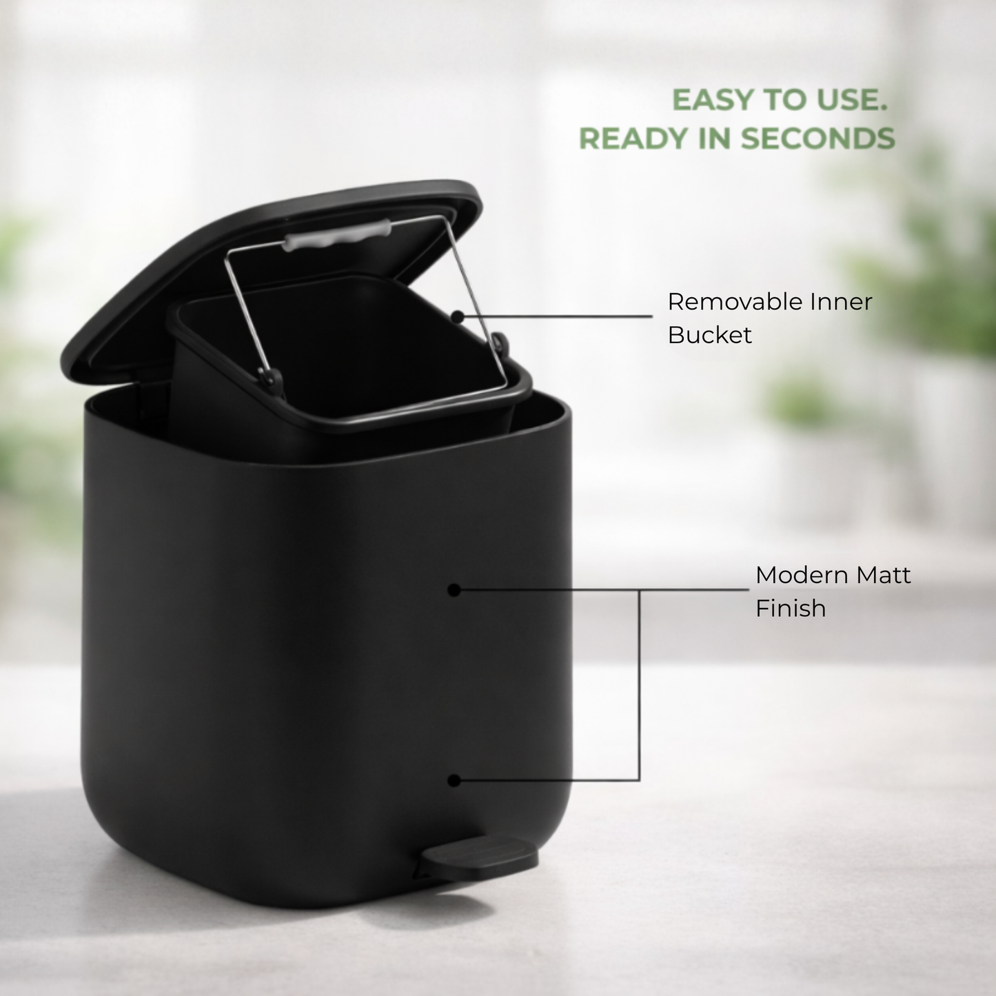 Matte Finish Dustbin Features – 5L Capacity Removable Bucket Odour Resistant SimplifiNest India
