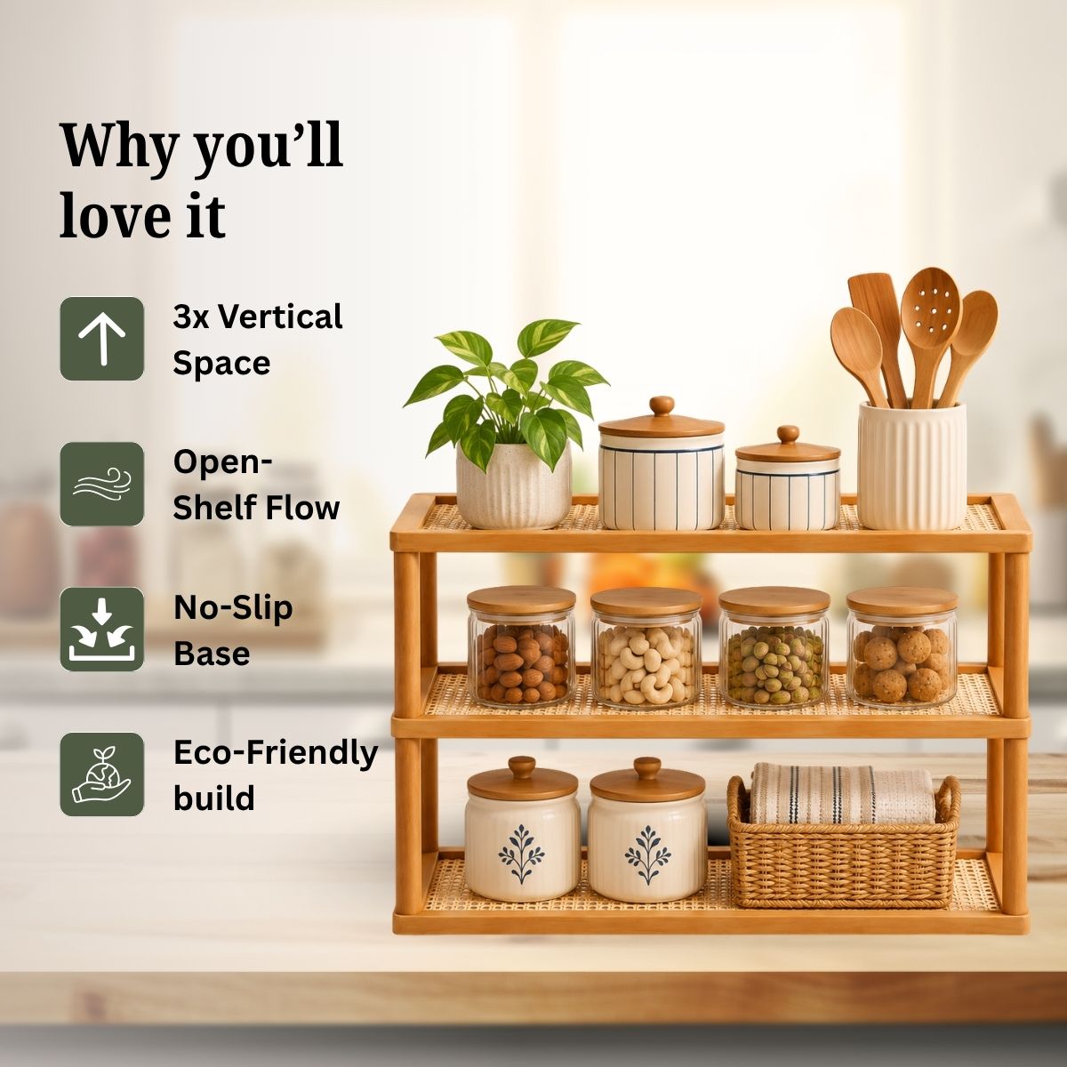 TriShelf Premium Bamboo Countertop Organizer Rack