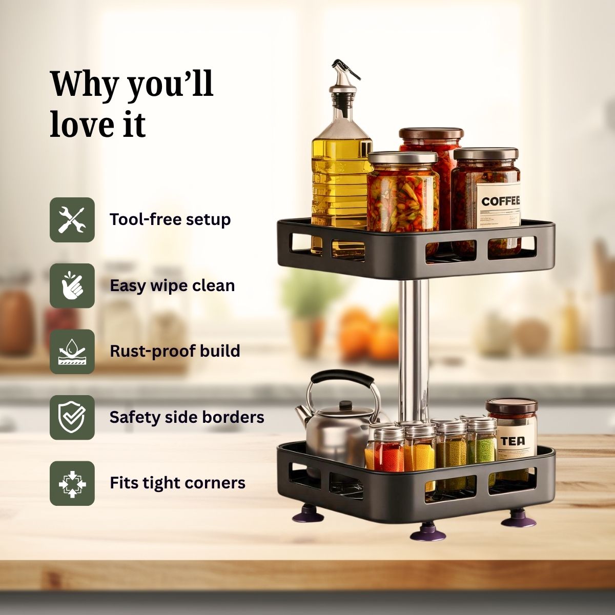2-Tier Rectangular 360° Rotating Kitchen Rack | Stainless Steel | Spices, Jars & Masala Organizer